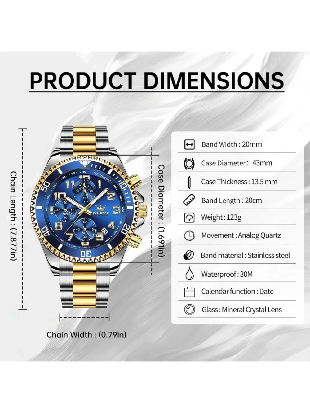 Men's Silver Blue Stainless Steel Waterproof Quartz Big Face Fashion Wrist Watch